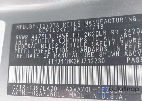 2019 Toyota Camry Se из США, поврежденный, VIN 4T1B11HK2KU712230
